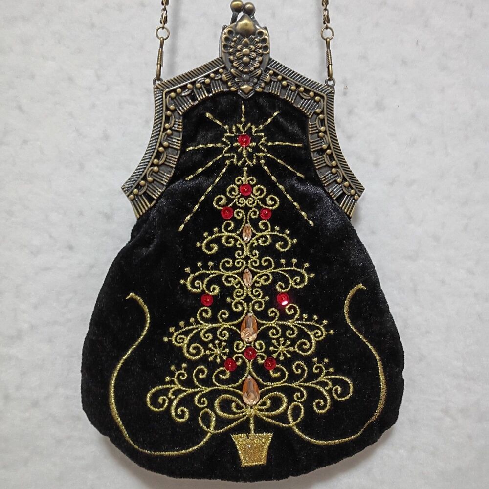 Vintage Velvet Christmas Tree Evening Bag Purse Jeweled Kiss Lock Chain Holiday